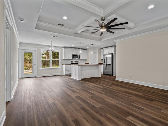 unfurnished living room featuring dark wood-style flooring, beamed ceiling, visible vents, and crown molding