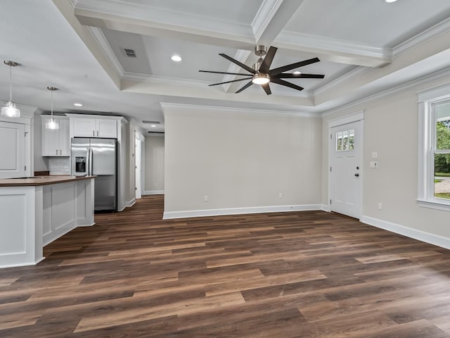 kitchen featuring dark wood finished floors, butcher block countertops, pendant lighting, white cabinetry, and stainless steel refrigerator with ice dispenser