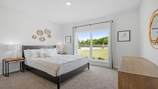 bedroom with light colored carpet