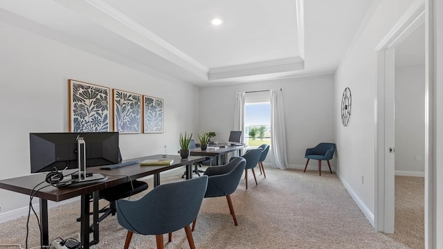 office featuring carpet flooring, a raised ceiling, and ornamental molding