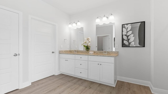 bathroom with hardwood / wood-style floors and vanity