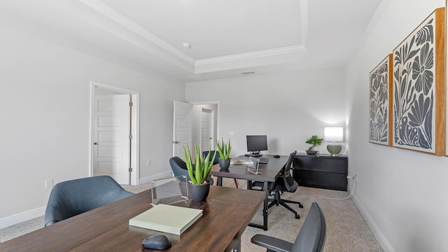 carpeted office space featuring a raised ceiling