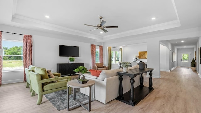 living room featuring light wood-type flooring, a raised ceiling, and a healthy amount of sunlight