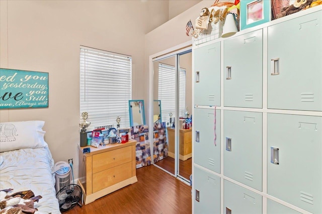 bedroom with hardwood / wood-style floors and a closet