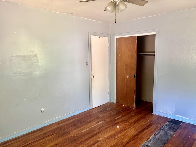 1402 W Tharpe St, Tallahassee, FL 32303 - unfurnished bedroom with wood finished floors, a closet, and a ceiling fan