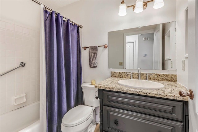 full bathroom with toilet, shower / bath combination with curtain, and vanity