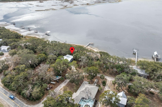 birds eye view of property featuring a water view