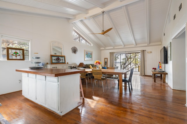 kitchen with ceiling fan, beam ceiling, wood-type flooring, white cabinets, and wood counters