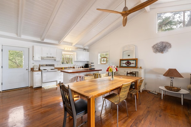 dining area featuring high vaulted ceiling, dark hardwood / wood-style floors, and beamed ceiling