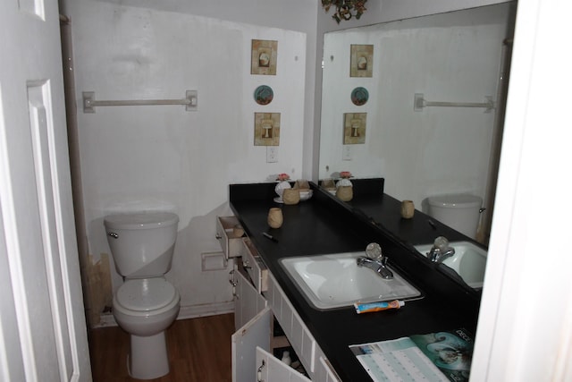 bathroom featuring vanity, toilet, and wood finished floors