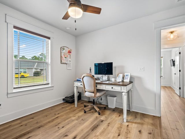 home office with ceiling fan and light hardwood / wood-style floors