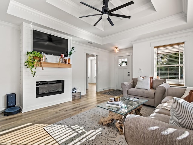 living room with a raised ceiling, ceiling fan, a large fireplace, and ornamental molding