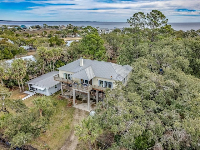 drone / aerial view featuring a water view