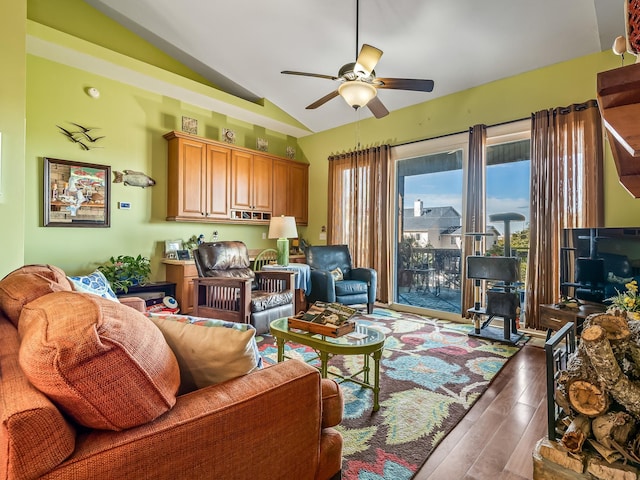 living room featuring vaulted ceiling, wood-type flooring, and ceiling fan