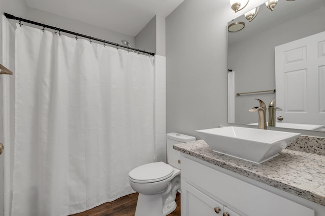 bathroom featuring toilet, wood finished floors, and vanity