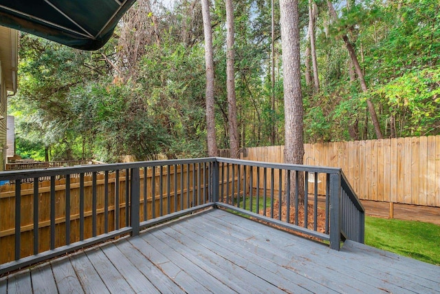 wooden deck with a fenced backyard