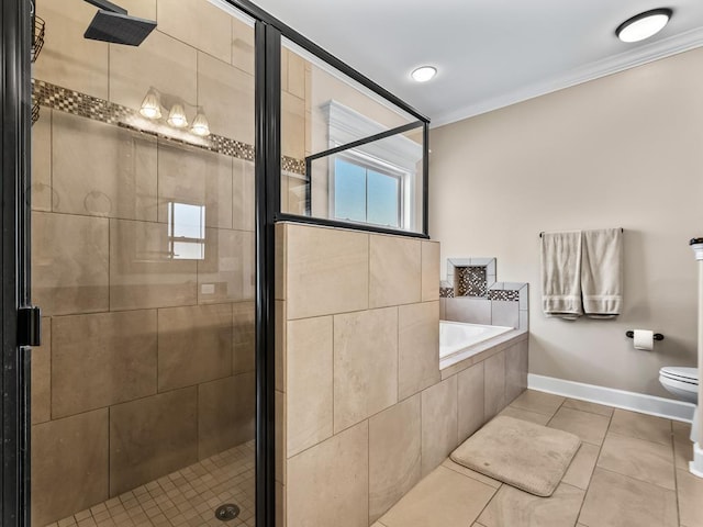 bathroom featuring tile patterned floors, separate shower and tub, ornamental molding, and toilet