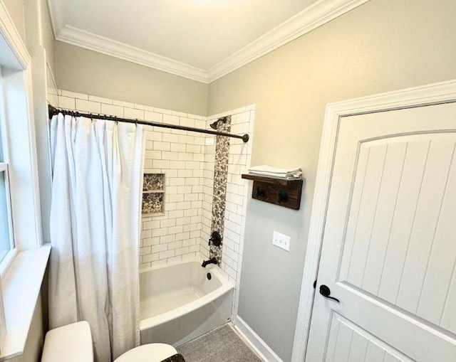 bathroom with toilet, shower / bath combo with shower curtain, and ornamental molding