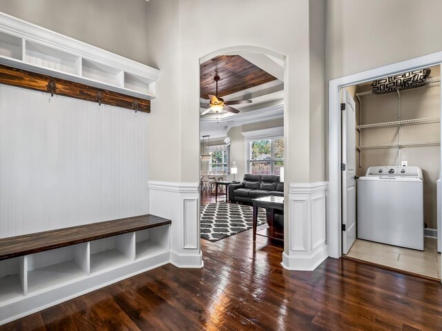 mudroom with washer / clothes dryer, ceiling fan, and dark hardwood / wood-style floors