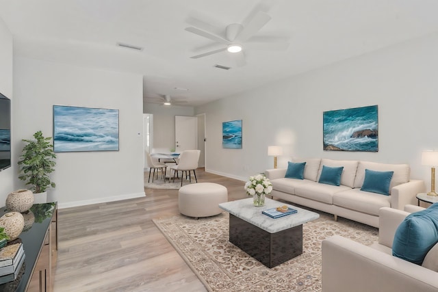 living room with ceiling fan and light wood-type flooring