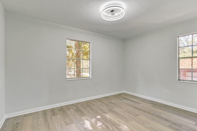 unfurnished room with light hardwood / wood-style flooring and a textured ceiling