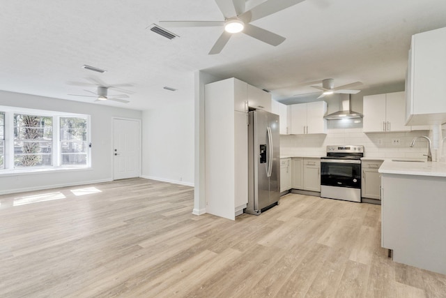 kitchen featuring sink, appliances with stainless steel finishes, white cabinetry, decorative backsplash, and wall chimney exhaust hood