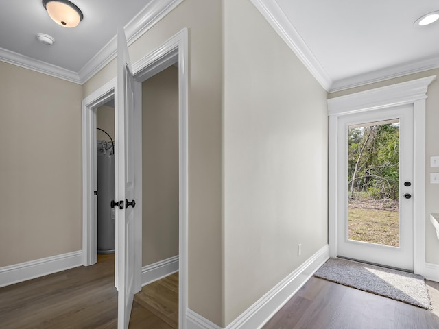 hall with ornamental molding and dark wood-type flooring