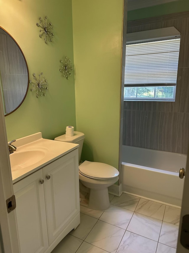bathroom featuring walk in shower, toilet, a bath, vanity, and marble finish floor