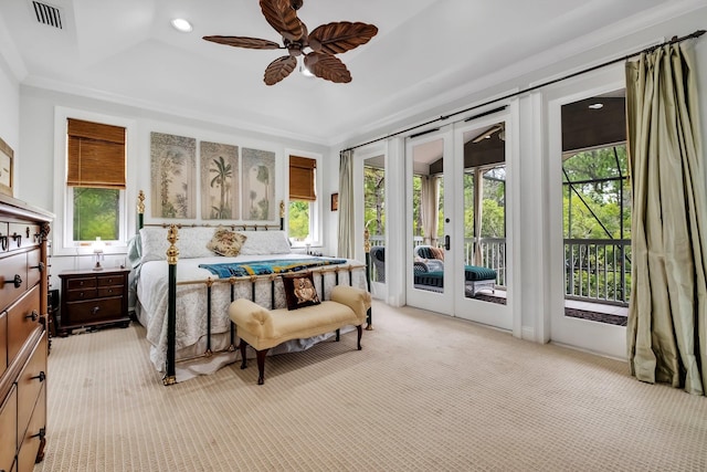 bedroom with french doors, access to exterior, light carpet, ceiling fan, and crown molding