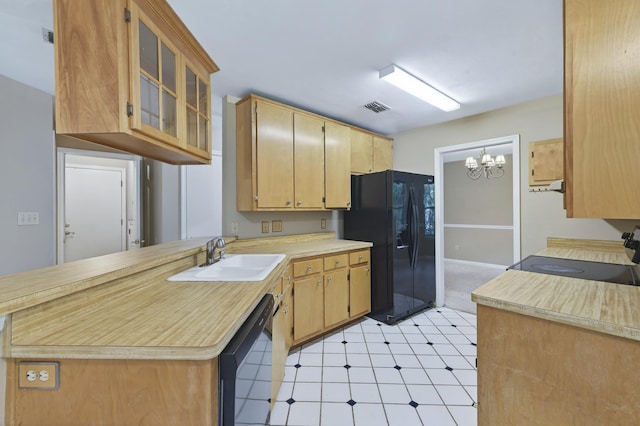 11022 Wildlife Trl, Tallahassee, FL 32312 - kitchen with dishwasher, a sink, black fridge with ice dispenser, a chandelier, and electric range oven