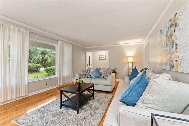 living room featuring wood-type flooring and ornamental molding