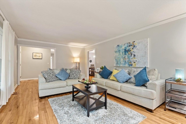 living room featuring crown molding and light wood-type flooring