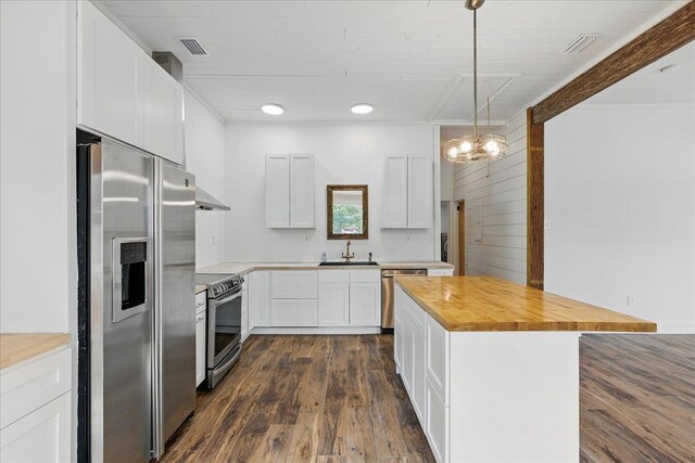 209 SE 10th St, Steinhatchee, FL 32359 - kitchen with stainless steel appliances, island exhaust hood, butcher block countertops, a sink, and wood finished floors