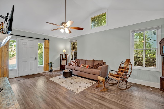 living room with hardwood / wood-style flooring, lofted ceiling, and a healthy amount of sunlight