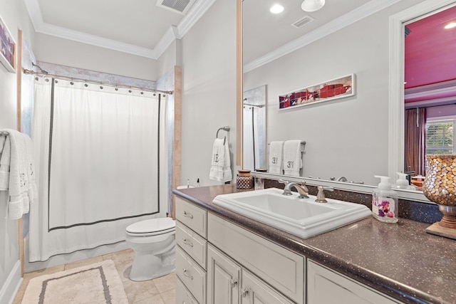 bathroom with vanity, tile patterned floors, ornamental molding, and toilet