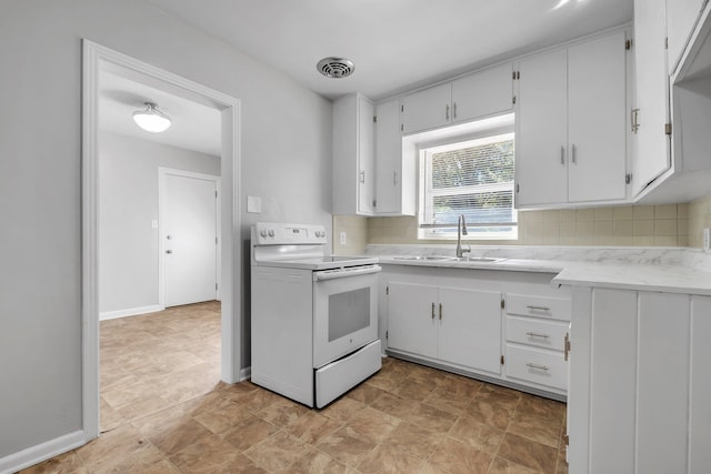 kitchen with a sink, white cabinetry, visible vents, backsplash, and white range with electric cooktop