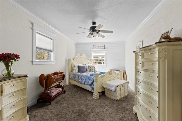 bedroom with ceiling fan, dark carpet, and ornamental molding