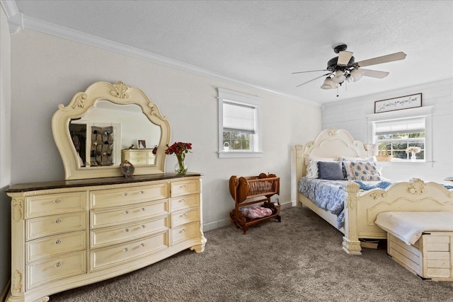 carpeted bedroom featuring ornamental molding, multiple windows, and ceiling fan