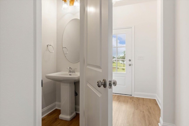 bathroom with hardwood / wood-style floors