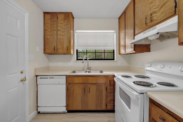 kitchen with light hardwood / wood-style flooring, sink, and white appliances