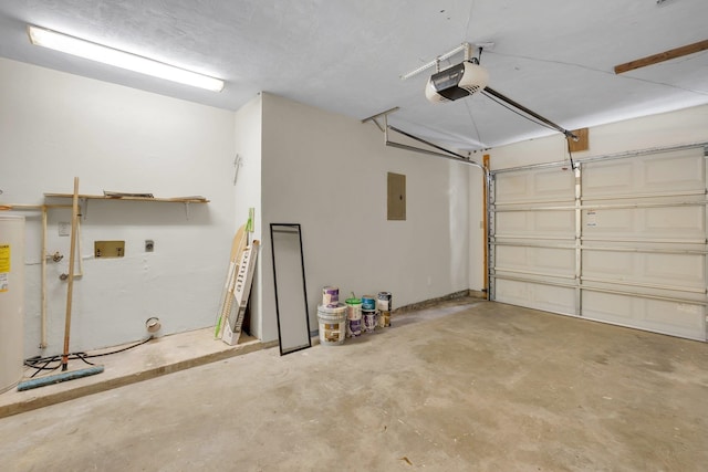 garage with electric panel and a garage door opener