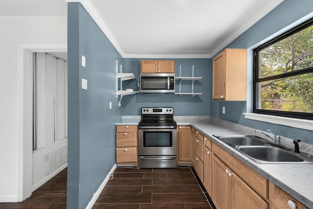 kitchen featuring stainless steel appliances, ornamental molding, and sink