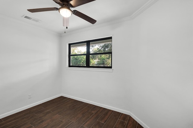 unfurnished room with crown molding, dark hardwood / wood-style floors, and ceiling fan