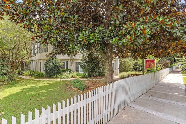 obstructed view of property with a front yard and fence