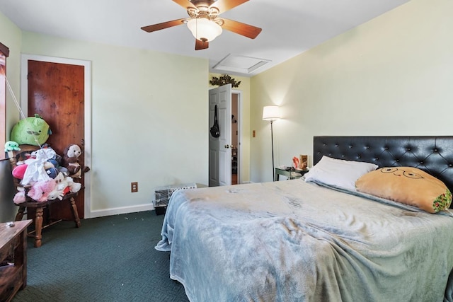 bedroom with dark carpet and ceiling fan