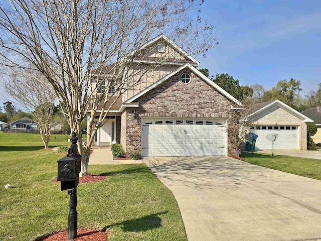 view of front of property featuring brick siding, a front yard, driveway, and a garage