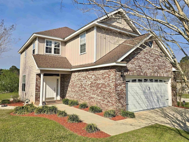 view of front of house featuring driveway, brick siding, board and batten siding, a shingled roof, and a garage