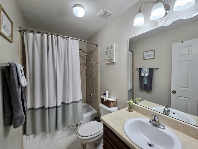bathroom featuring toilet, vanity, shower / bathtub combination with curtain, and visible vents