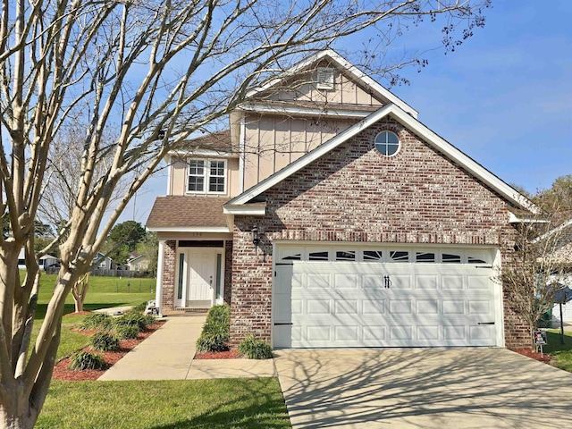 view of front of home featuring a garage, concrete driveway, brick siding, a front lawn, and roof with shingles