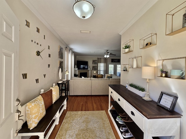 hall featuring dark wood-style floors and crown molding